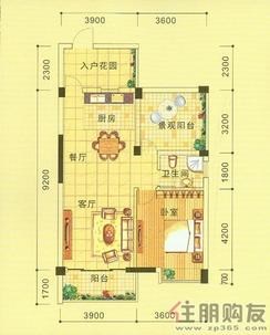 【A-4户型】1室2厅1卫1厨2阳台