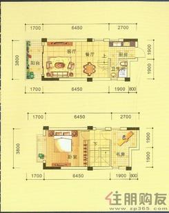 【A-5户型】1室2厅2卫1厨1阳台
