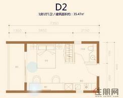 【北部湾1号D2户型图】1室1厅1卫1厨1阳台