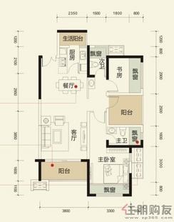 【阳光里组团32层G户型】2室2厅2卫1厨3阳台