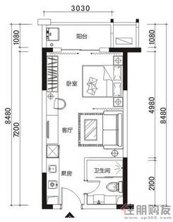 【1#楼02至07户型】1室1厅1卫1厨1阳台