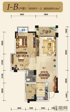 【1-B】2室2厅1卫1厨2阳台