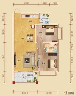 【户型底版2】2室2厅1卫1厨2阳台