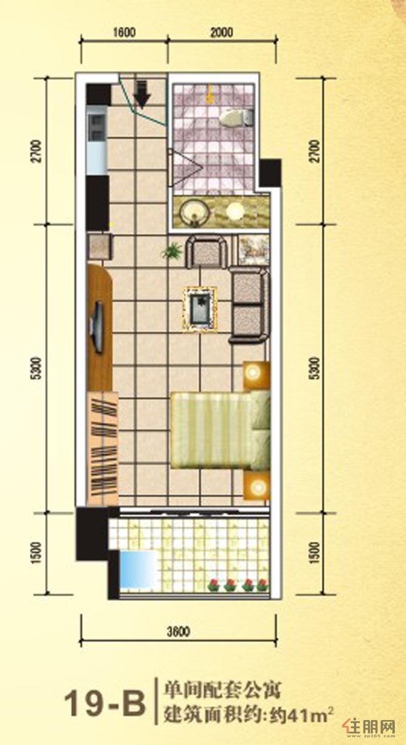 凤岭名园19号楼b户型1室1厅1卫41.00㎡