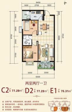 【C2/D2/E1户型】2室2厅1卫1厨2阳台