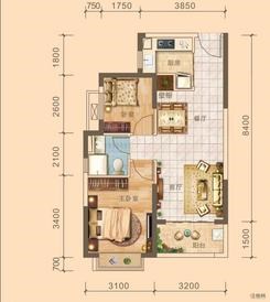 【7/10/11#03户型】2室2厅1卫1厨1阳台