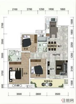 【98平户型】3室2厅2卫1厨1阳台