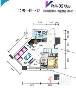 【公寓5号房户型图58㎡】2室1厅1卫1厨