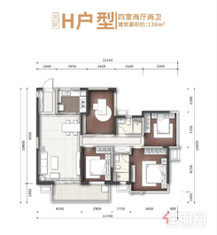 【H户型 126平方米】4室2厅2卫1厨2阳台