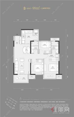【B户型：99㎡三房两厅两卫】3室2厅2卫1厨2阳台