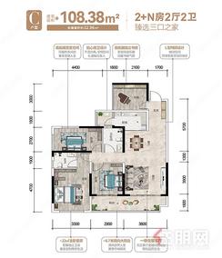 【108.38㎡C户型.】3室2厅2卫1厨1阳台