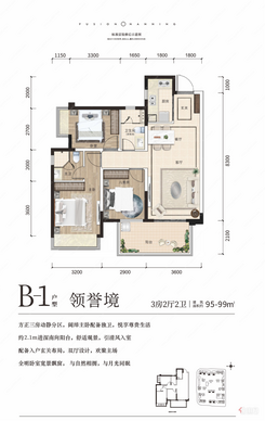 【B-1户型95-99㎡】3室2厅2卫1厨1阳台
