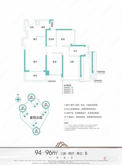 【94-96㎡B户型】3室2厅2卫1厨1阳台