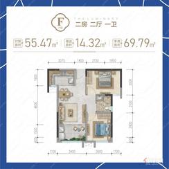 【F户型】2室2厅1卫1厨1阳台