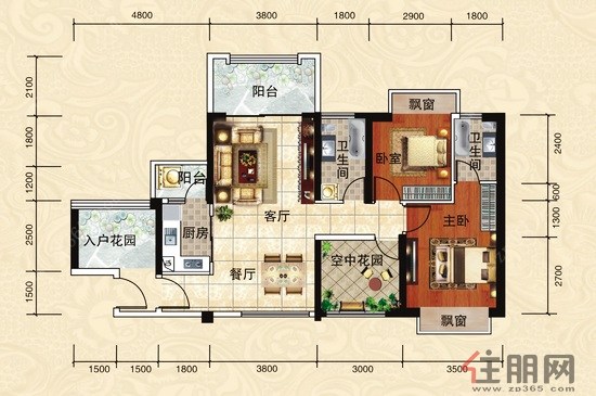 天湖御林湾F1-1户型平面效果图