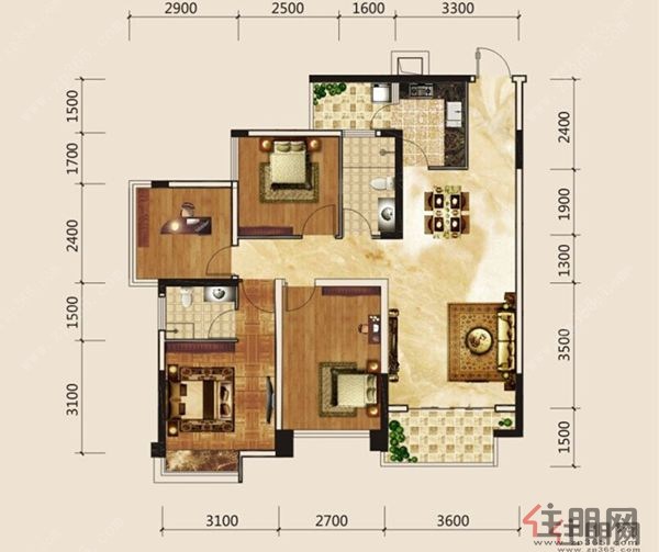 天誉花园90舒适四房户型图