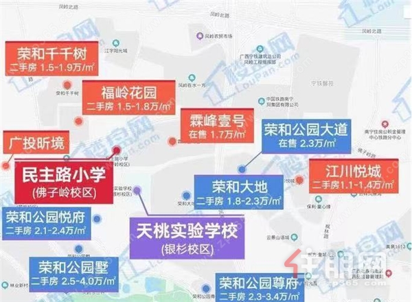 （凤岭北民主路小学&天桃实验学校周边住房价格，数据来源楼盘网）