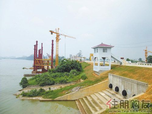 阳光下,防洪大堤巍然屹立,堤内外正在建设的鹧鸪江大桥工地一片