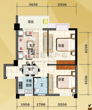 【E户型】2室2厅1卫1厨1阳台