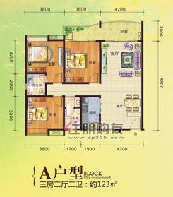 【A户型】3室2厅2卫1厨1阳台