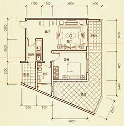 【D户型】1室2厅1卫1厨2阳台